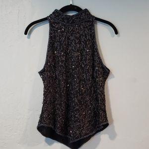 Papell boutique top with black beaded flowers